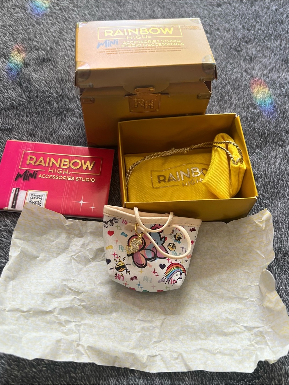 Rainbow High Kids Yellow Tote Purse & White Patterned